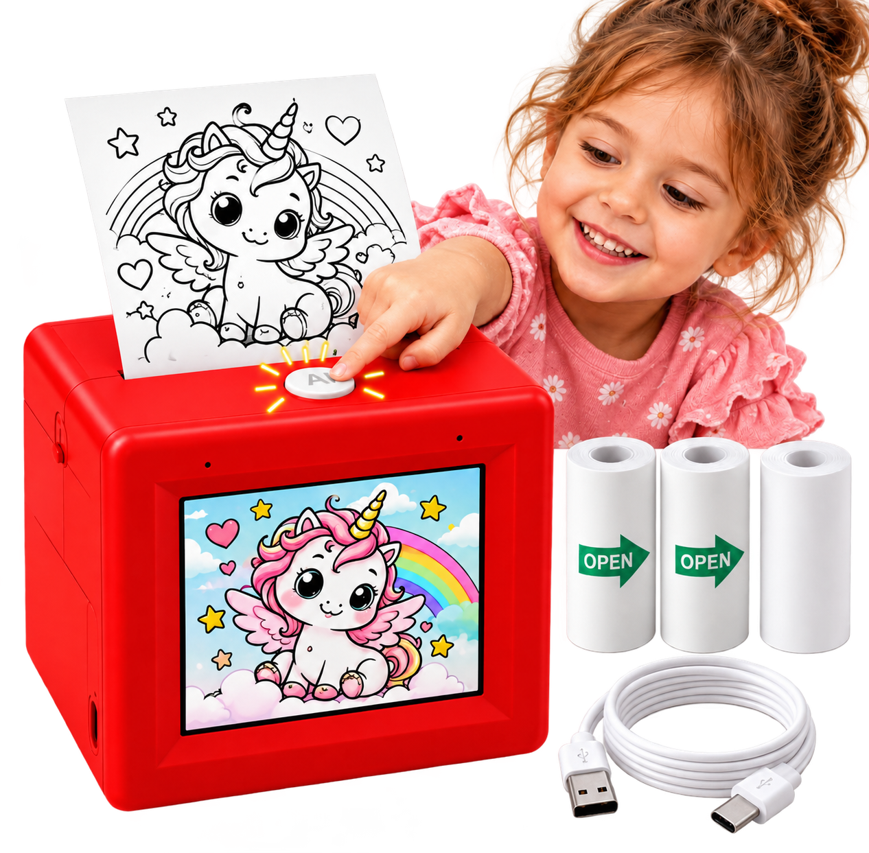 Ein Kind entdeckt den roten Kiddotronic Stickerdrucker mit Einhornmotiv, Papierrollen und USB-Kabel